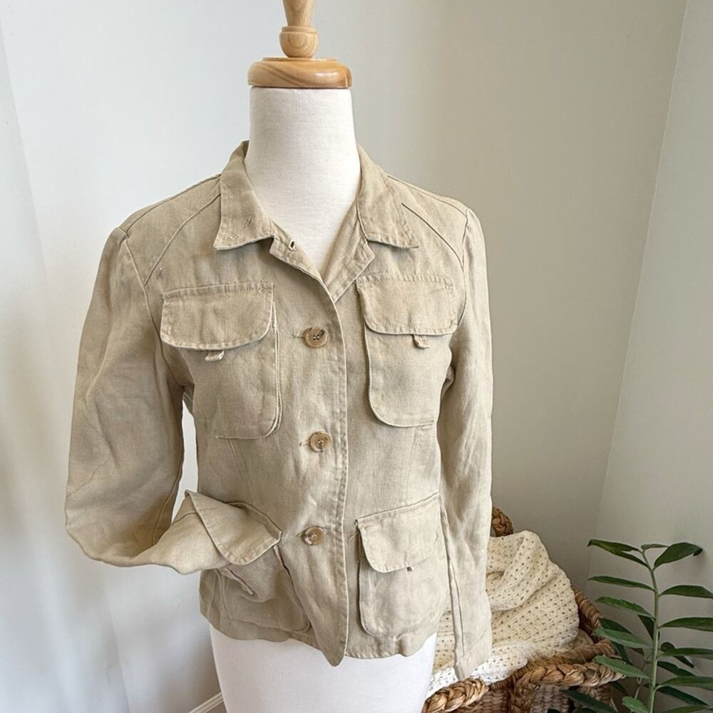Boston Proper Beige Utility Jacket/Linen Safari Jacket Size 4 Fitted Cinched